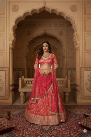 Coral Pink Floral Embroidered Lehenga Choli with Net Dupatta