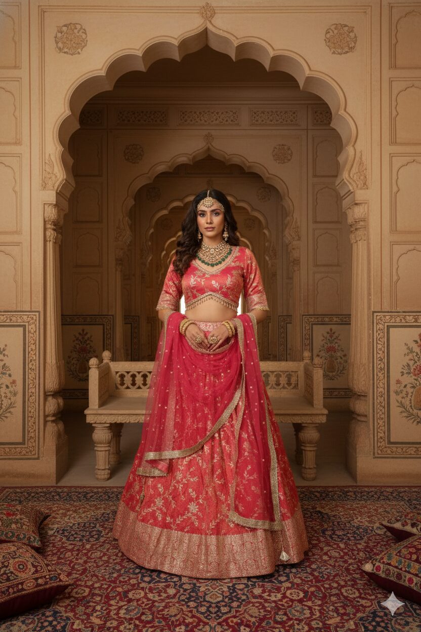 Coral Pink Floral Embroidered Lehenga Choli with Net Dupatta