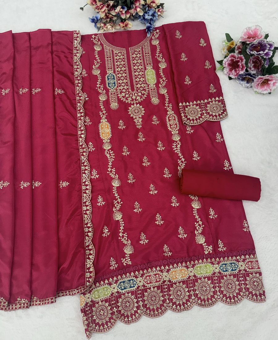 Trandy Pink Chinon Straight Suit For Women Ethnic Wear