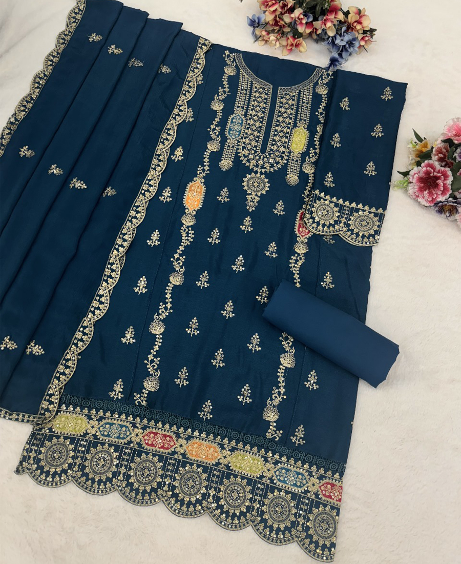Trandy Blue Chinon Straight Suit For Women Ethnic Wear