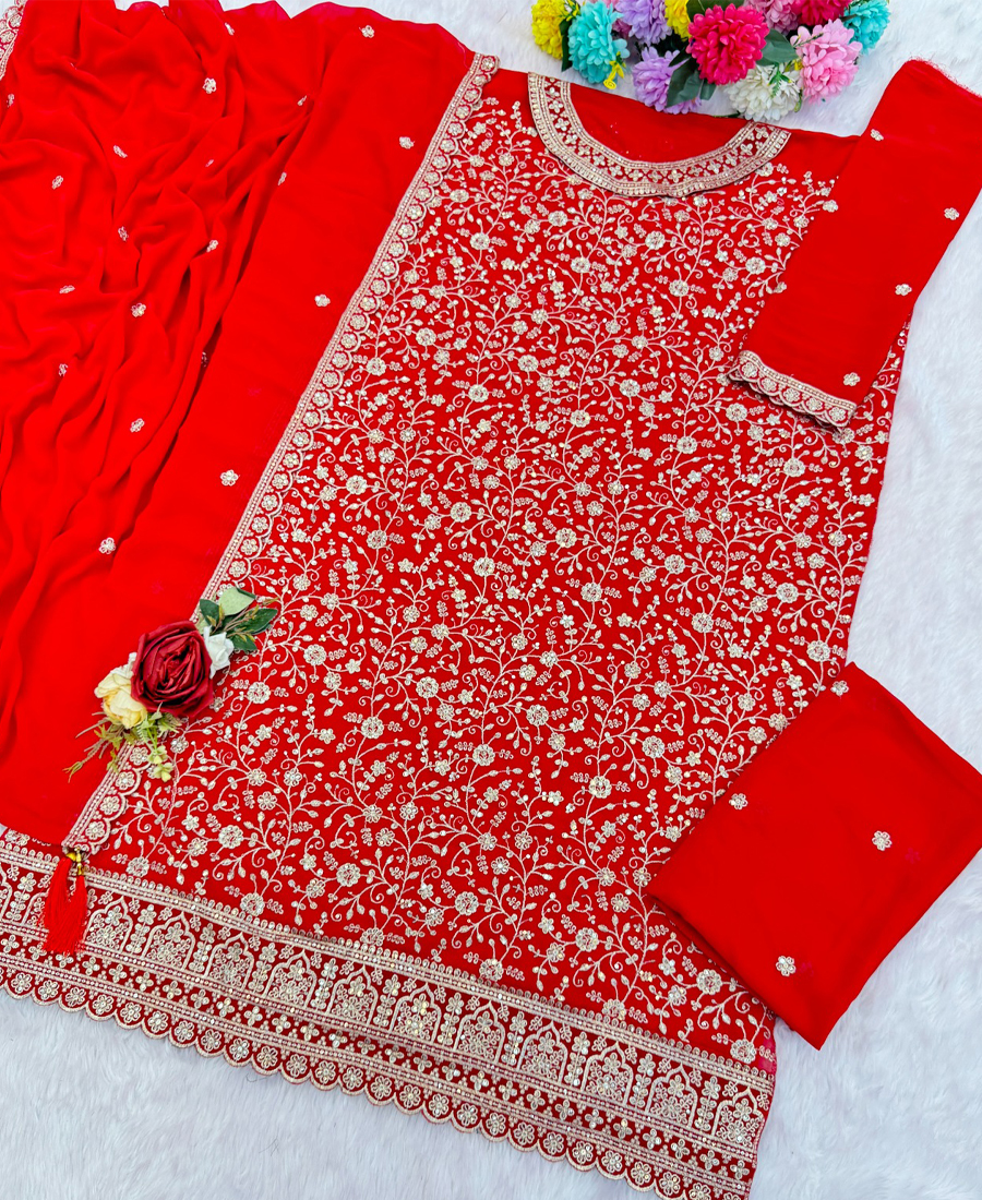 Designer Red Georgette Sharara Suit For Women
