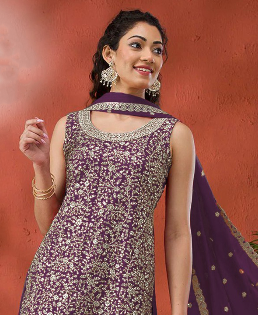 Designer Purple Georgette Sharara Suit For Women - Image 3