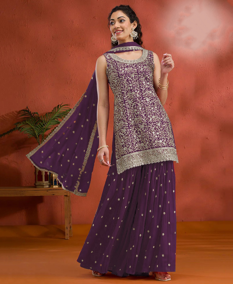 Designer Purple Georgette Sharara Suit For Women - Image 2