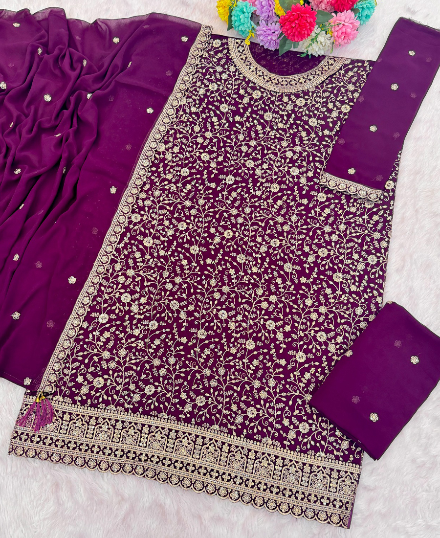 Designer Purple Georgette Sharara Suit For Women