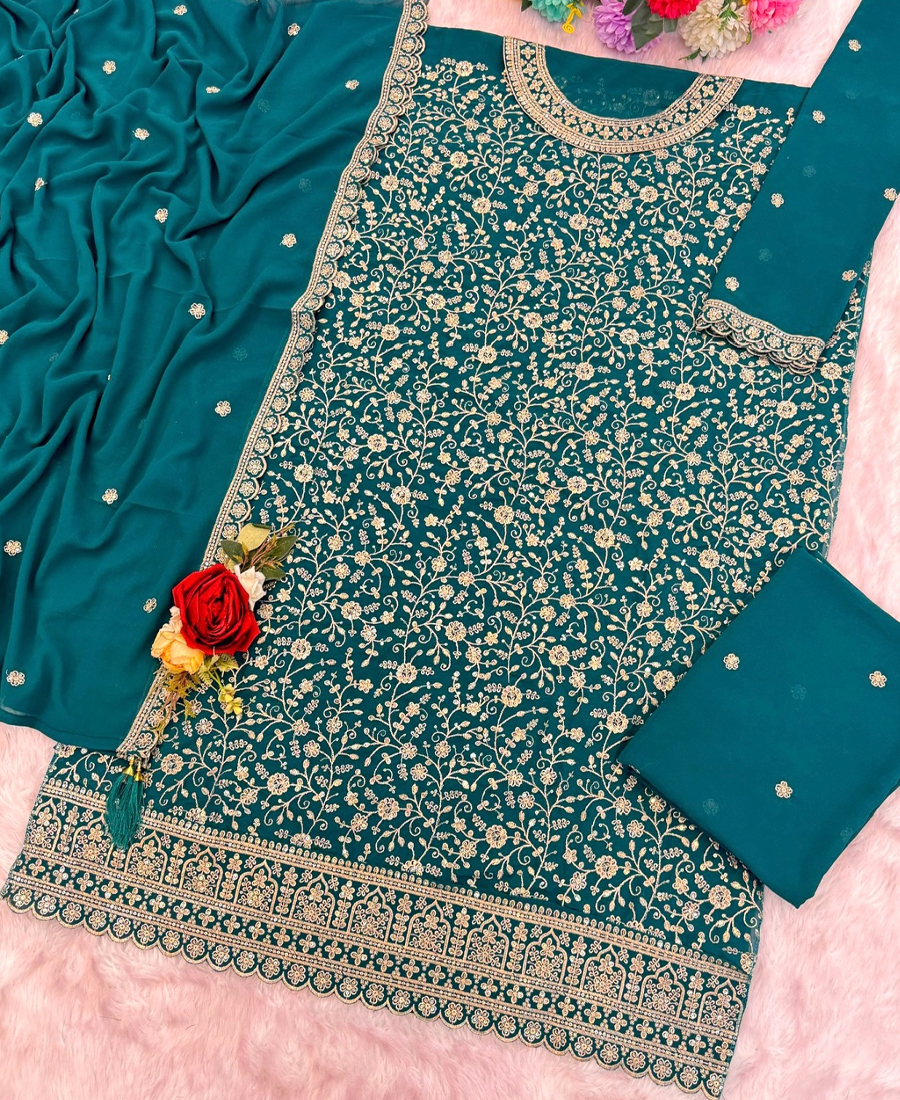 Designer Aqua Blue Georgette Sharara Suit For Women