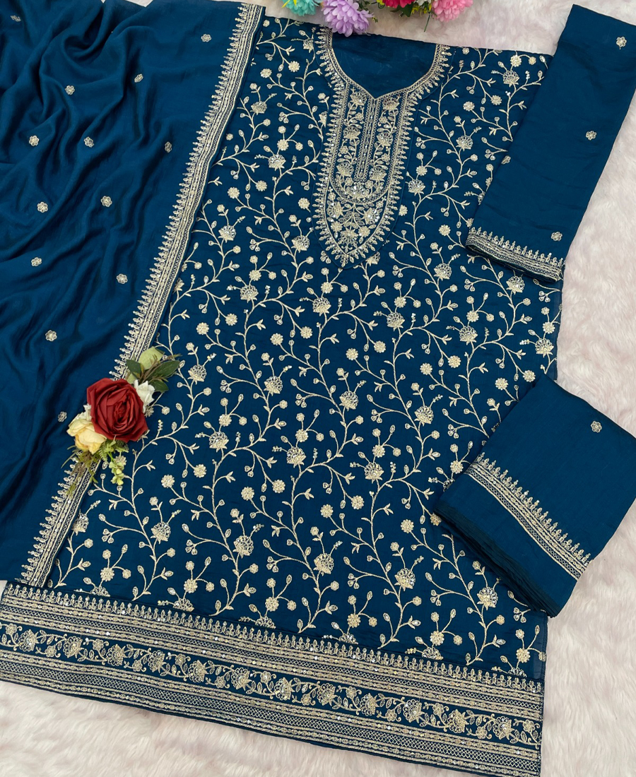 Latest Teal Blue Vichitra Silk Straight Suit For Women
