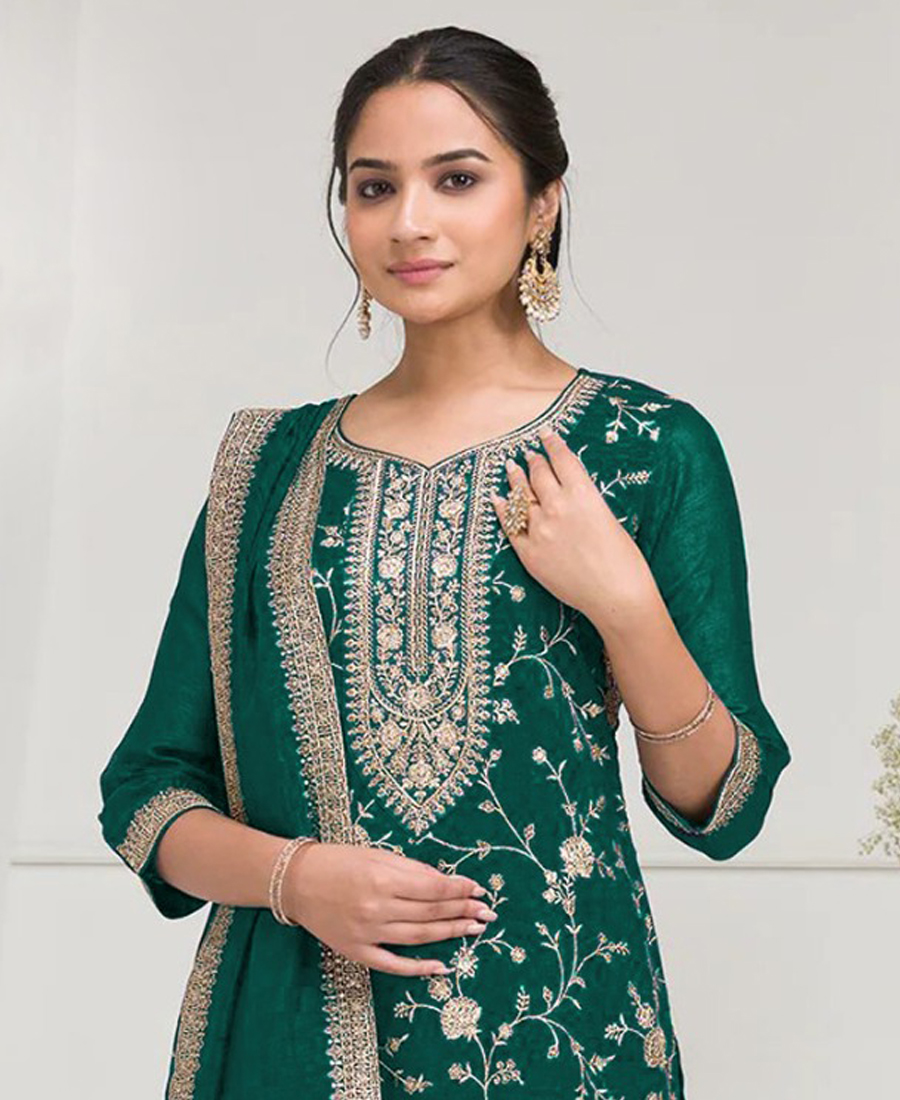 Latest Green Vichitra Silk Straight Suit For Women - Image 3
