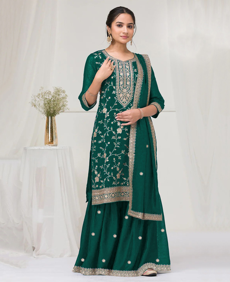 Latest Green Vichitra Silk Straight Suit For Women - Image 2