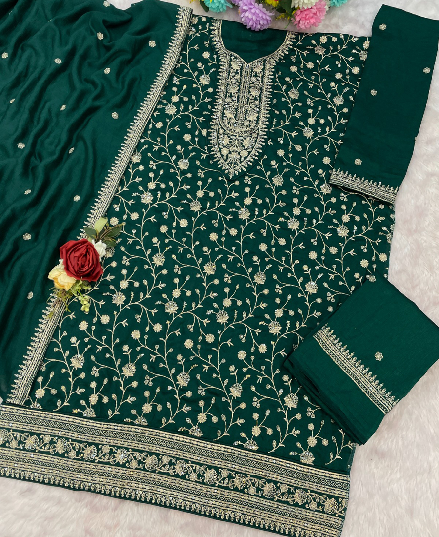 Latest Green Vichitra Silk Straight Suit For Women
