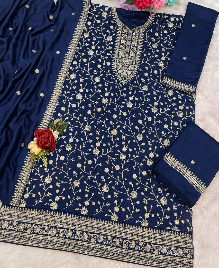 Latest Blue Vichitra Silk Straight Suit For Women