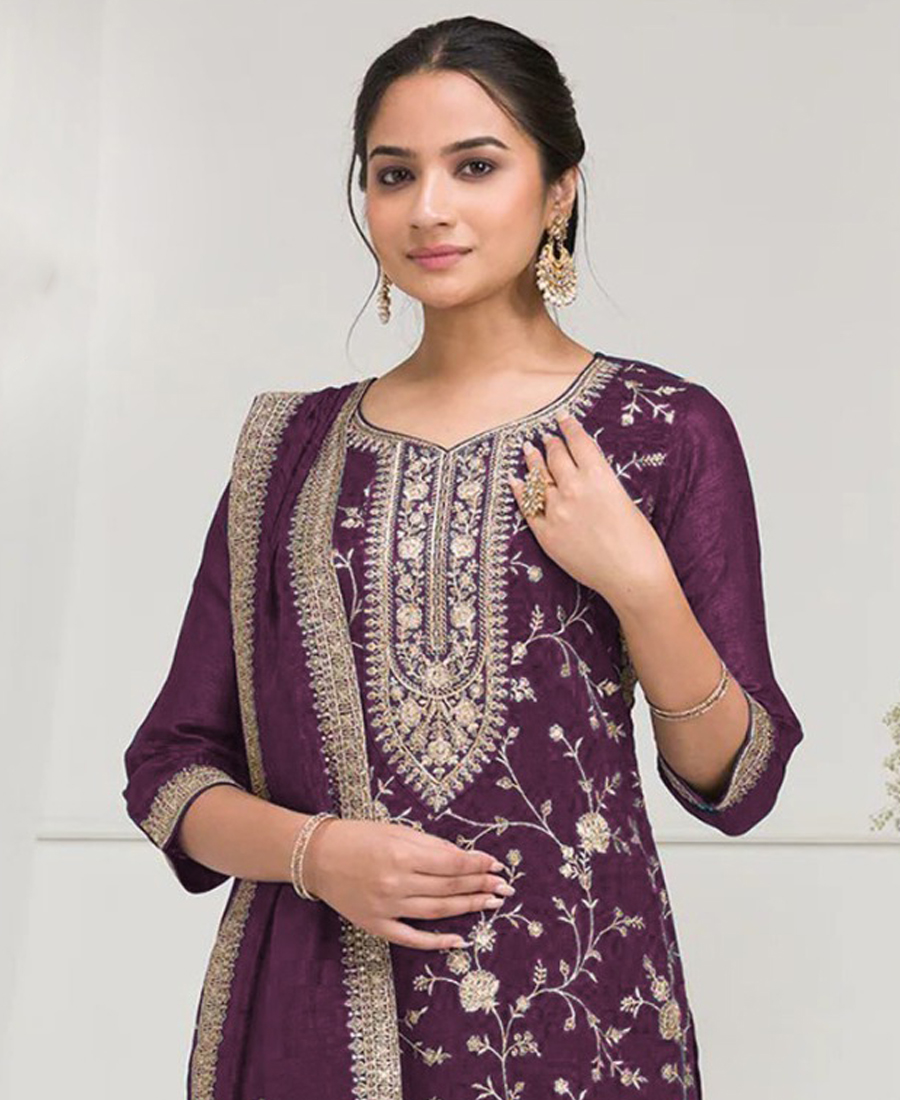 Latest Purple Vichitra Silk Straight Suit For Women - Image 3