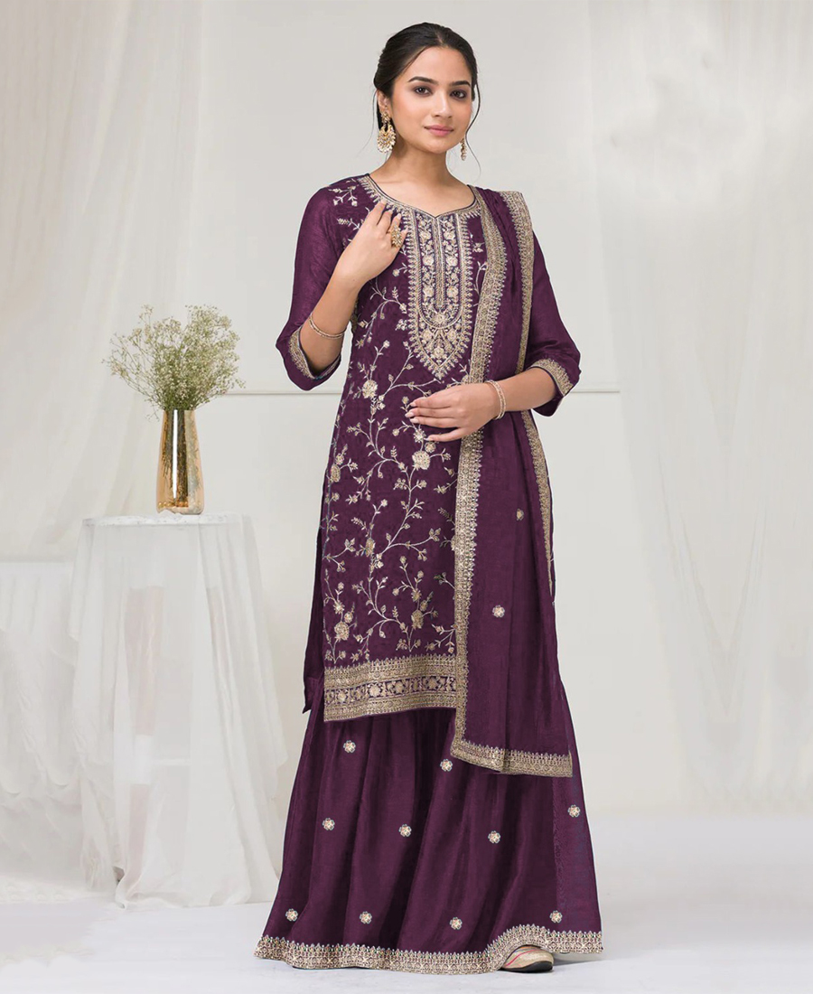 Latest Purple Vichitra Silk Straight Suit For Women - Image 2