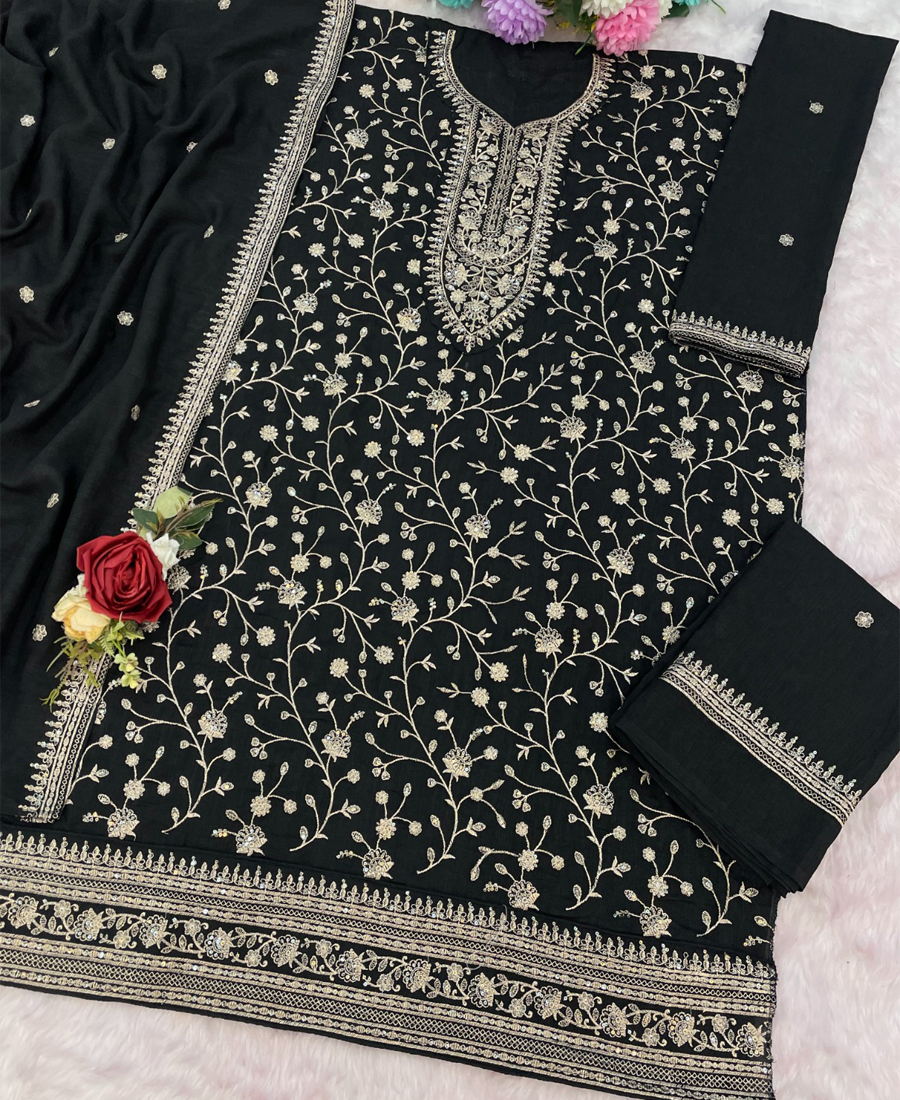 Latest Black Vichitra Silk Straight Suit For Women