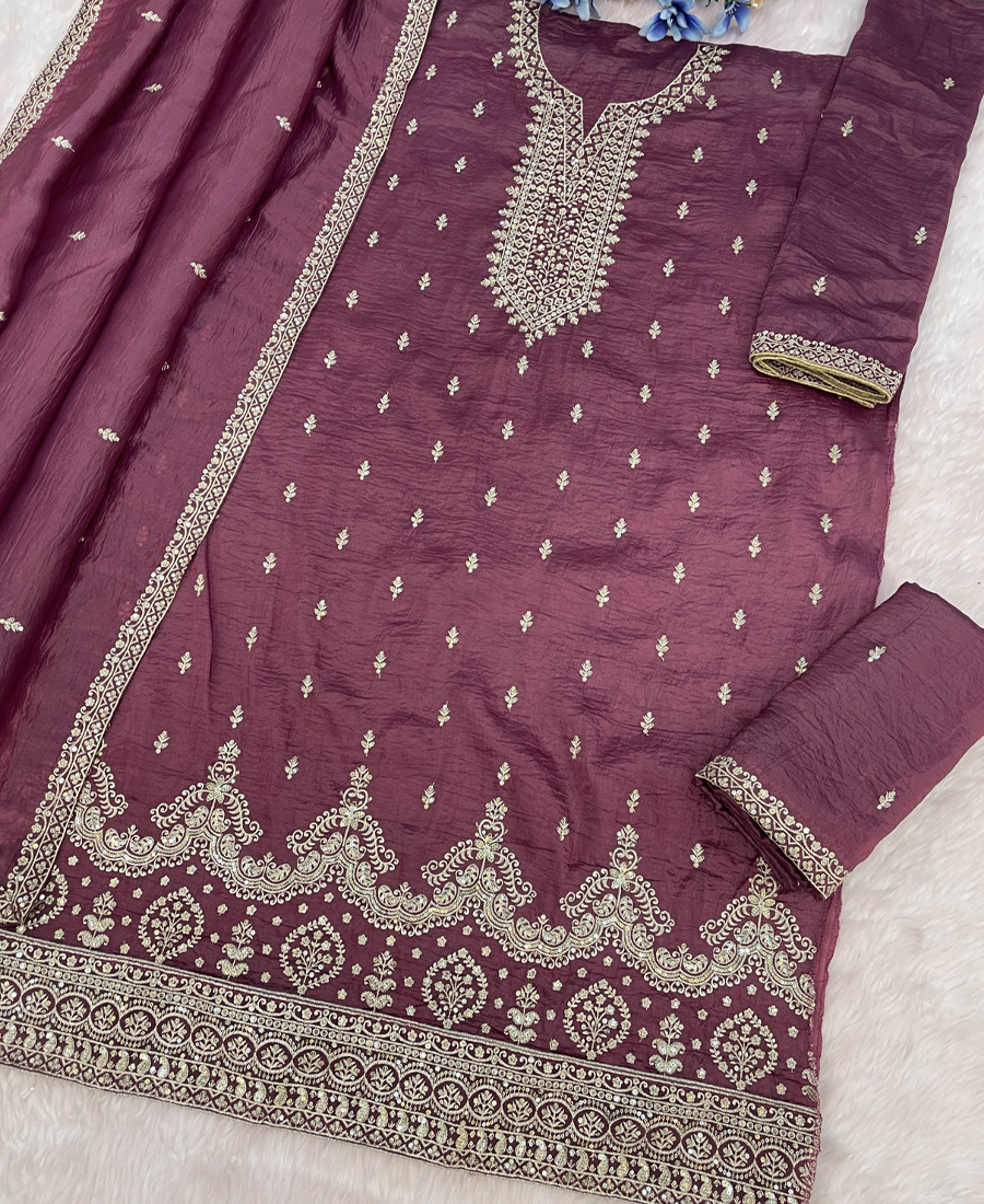 Pakistani Style Magenta Gold Crush Palazzo Suit For Women