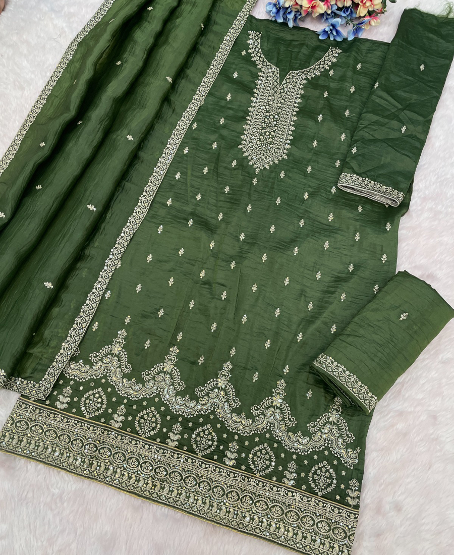 Pakistani Style Mahendi Gold Crush Palazzo Suit For Women