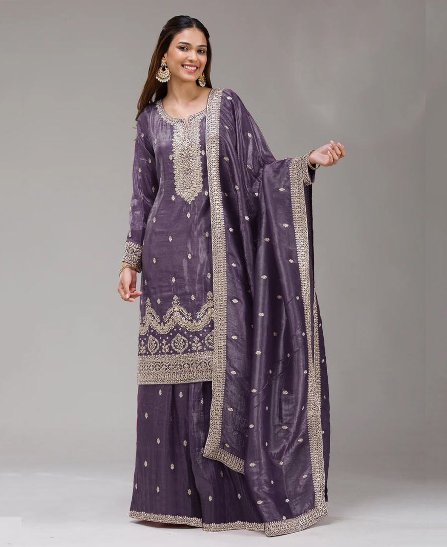 Pakistani Style Dark Lilac Gold Crush Palazzo Suit For Women - Image 2