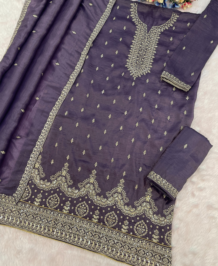 Pakistani Style Dark Lilac Gold Crush Palazzo Suit For Women