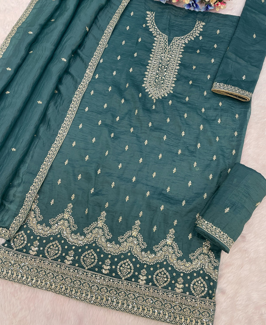 Pakistani Style Teal Blue Gold Crush Palazzo Suit For Women