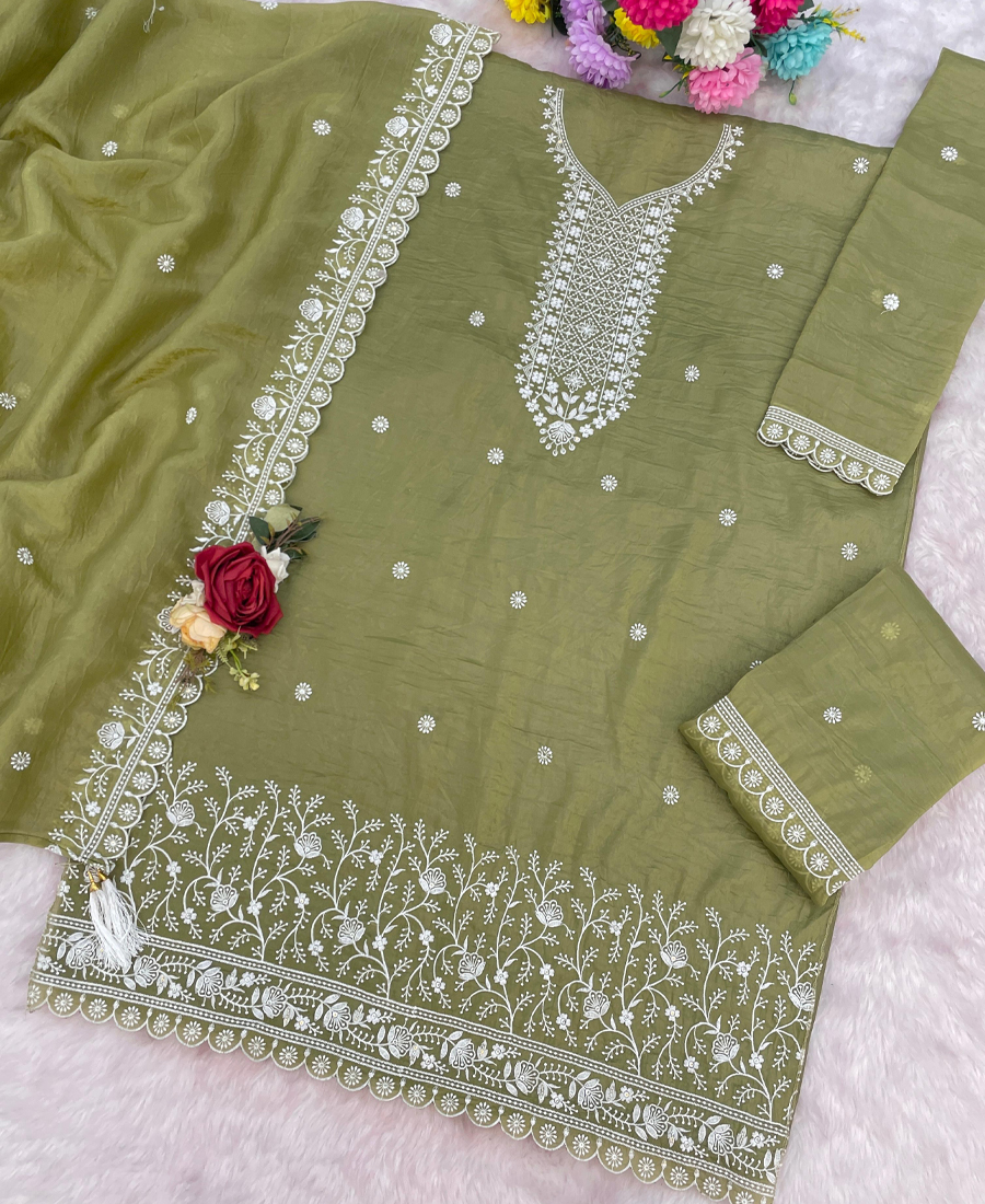 Party Wear Olive Gold Crush Palazzo Suit For Women