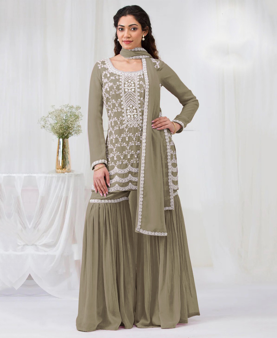 New Olive Georgette Sharara Suit For Women Festival Wear - Image 2