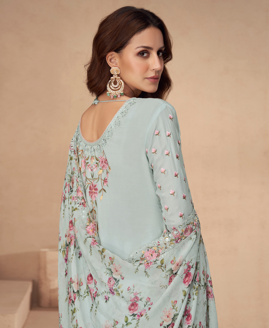 Designer Sky Blue Summer Wear Chinon Pakstani Straight Suit For Women