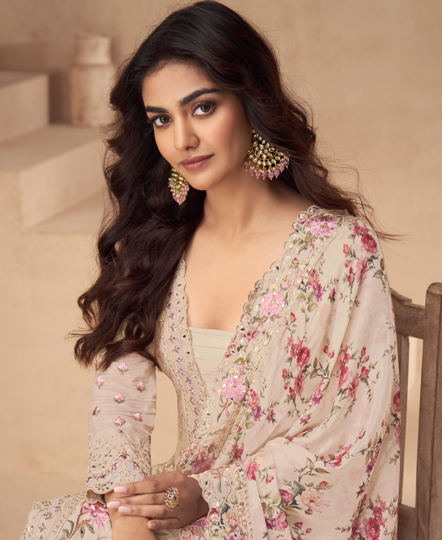 Designer Beige Summer Wear Chinon Pakstani Straight Suit For Women