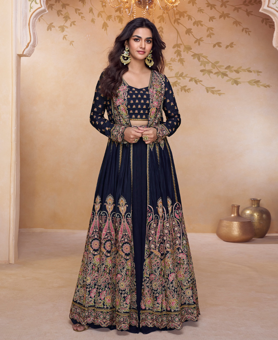 New Wedding Wear 3 Piece Anarkali Set For Women Navy Blue - Image 3