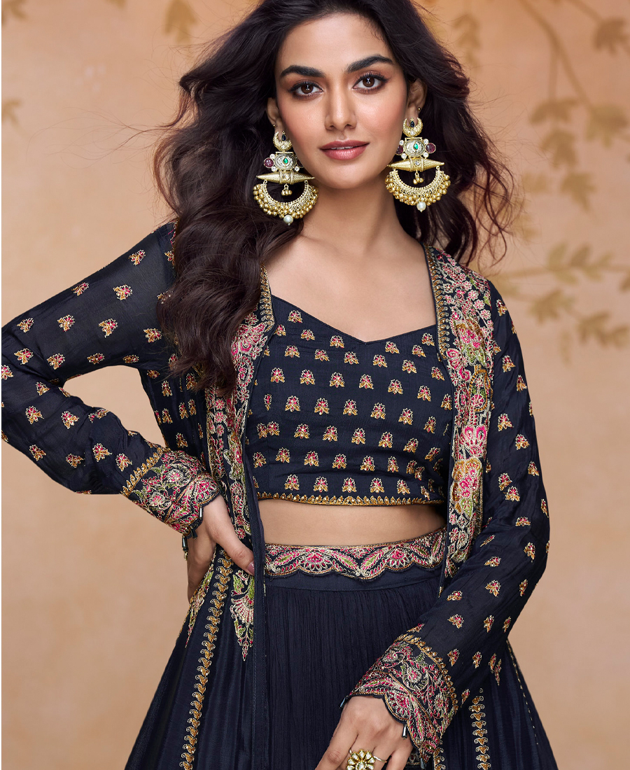 New Wedding Wear 3 Piece Anarkali Set For Women Navy Blue - Image 2