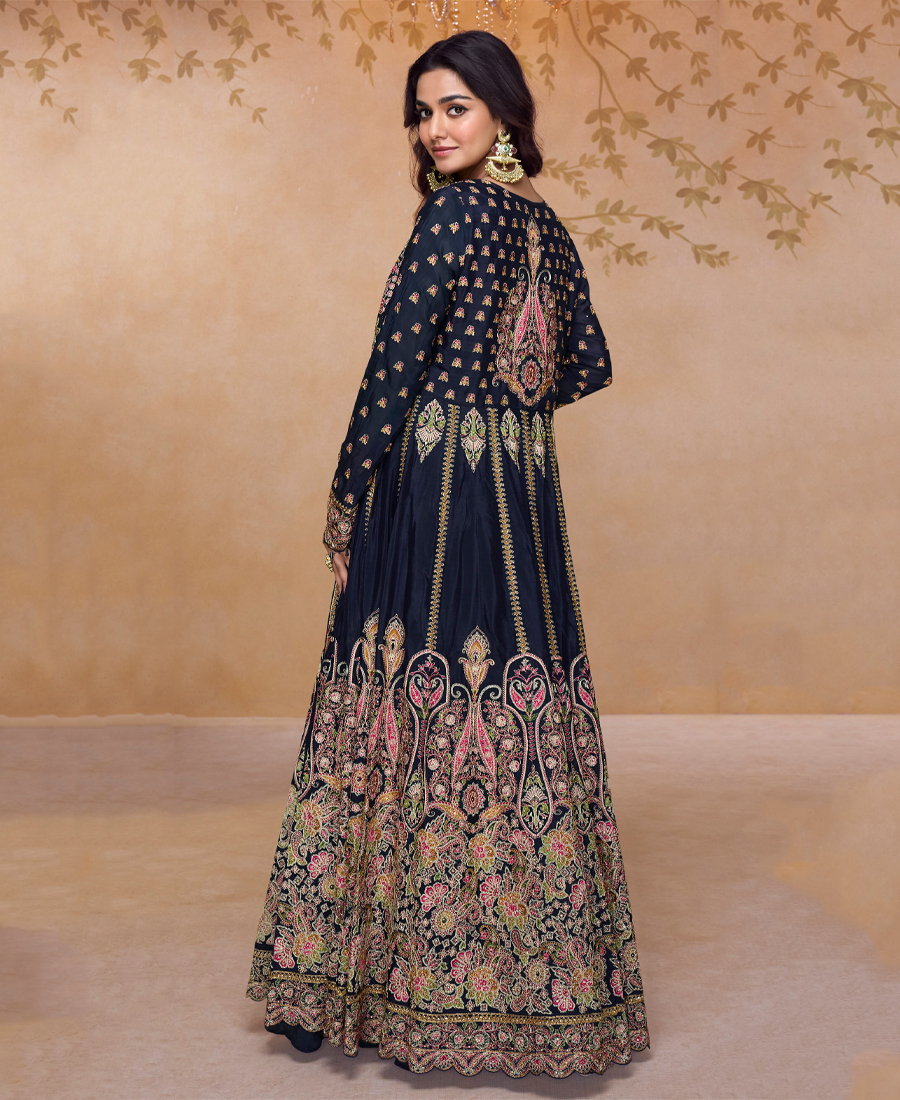 New Wedding Wear 3 Piece Anarkali Set For Women Navy Blue