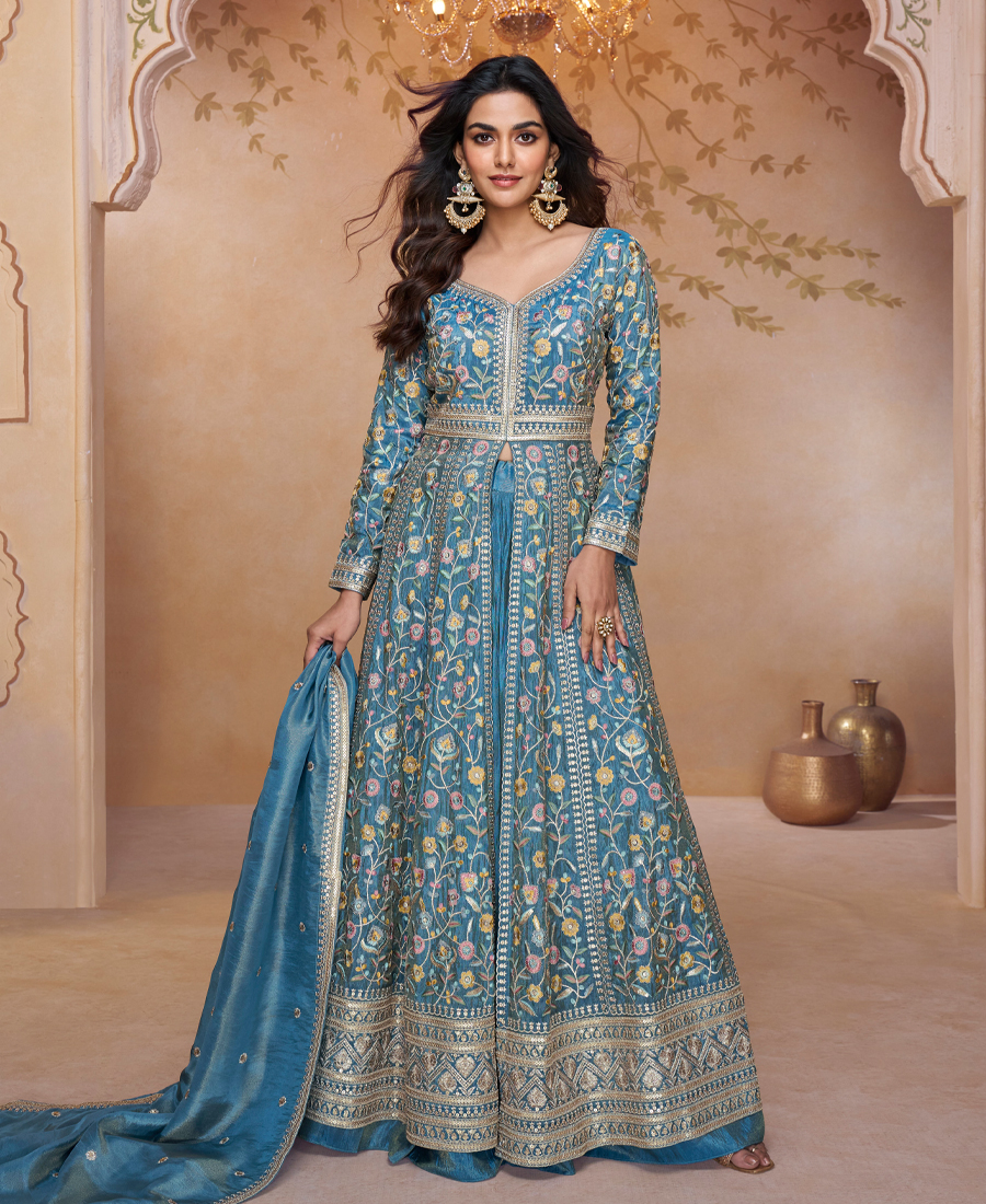Sky Blue Simmer Silk Front Slit Anarkali Suit For Women - Image 2