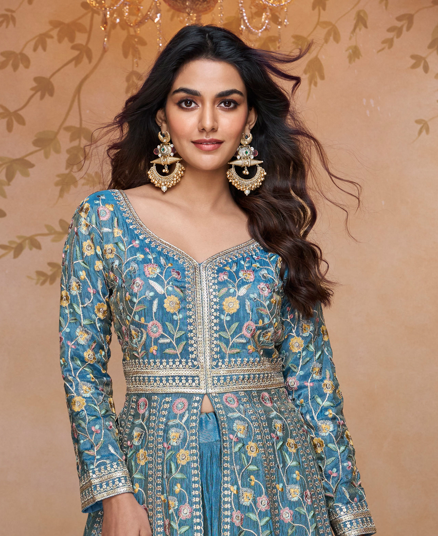 Sky Blue Simmer Silk Front Slit Anarkali Suit For Women - Image 3