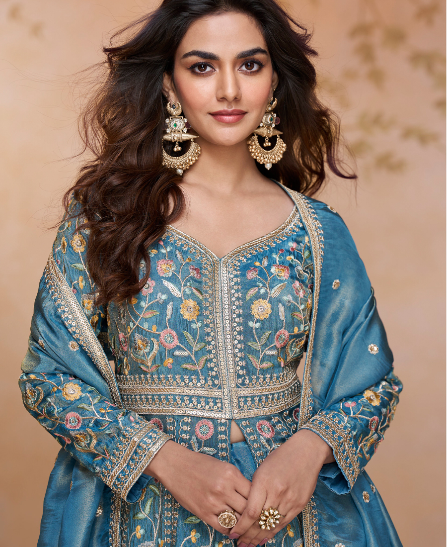 Sky Blue Simmer Silk Front Slit Anarkali Suit For Women