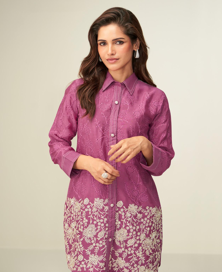 Designer Pink Chinon Cord Set For Women Festival Wear