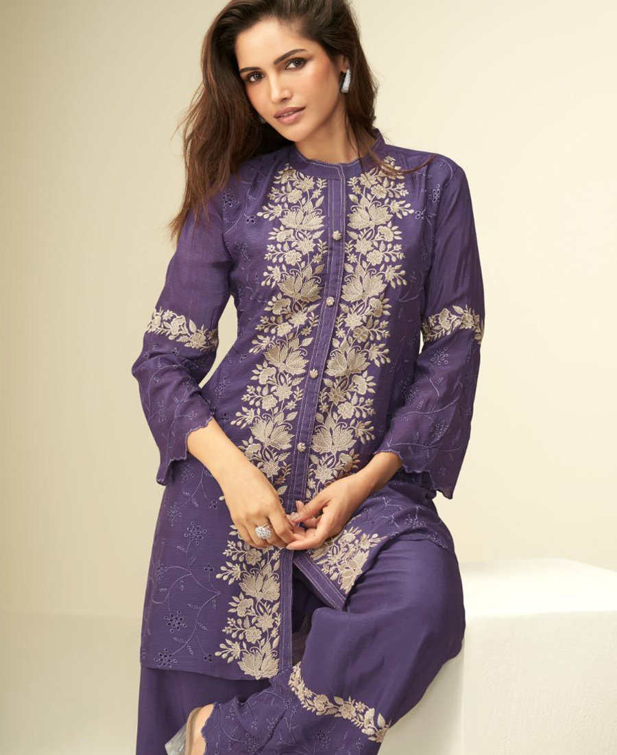 Designer Dark Lilac Chinon Cord Set For Women Festival Wear