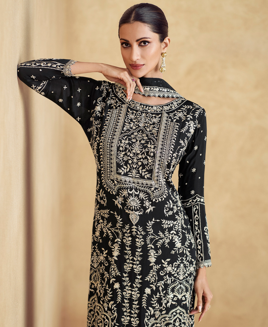 Designer Pakistani Suit For Women Black Color Chinon Fabric