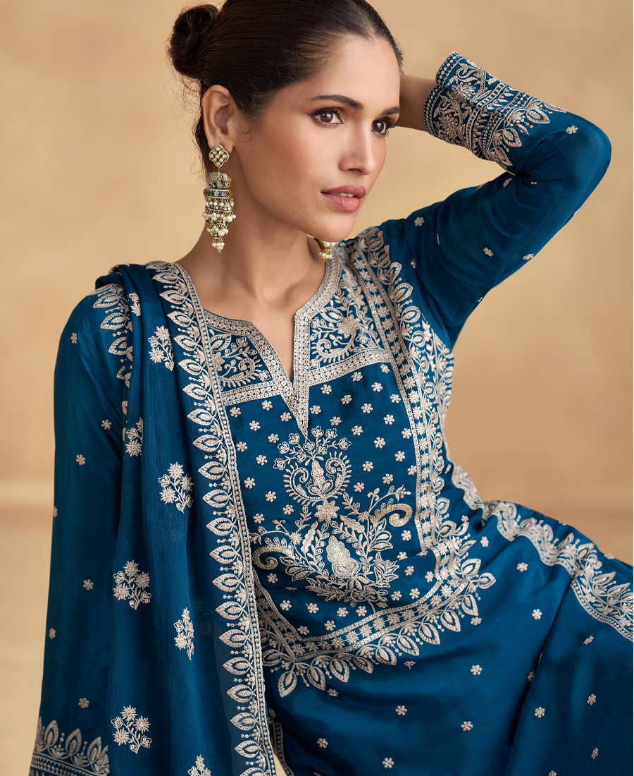 Designer Pakistani Suit For Women Blue Color Chinon Fabric