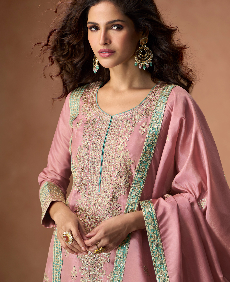 Heavy Embroidery Worked Pink Long Salwar Suit Set For Women Wedding Wear - Image 2