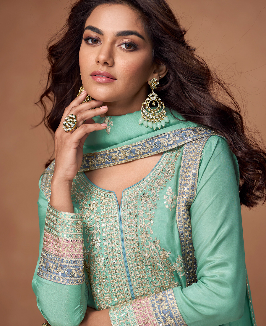 Heavy Embroidery Worked Pista Green Long Salwar Suit Set For Women Wedding Wear