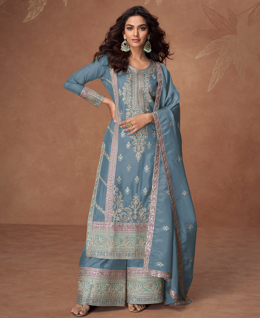 Heavy Embroidery Worked Sky Blue Long Salwar Suit Set For Women Wedding Wear - Image 2