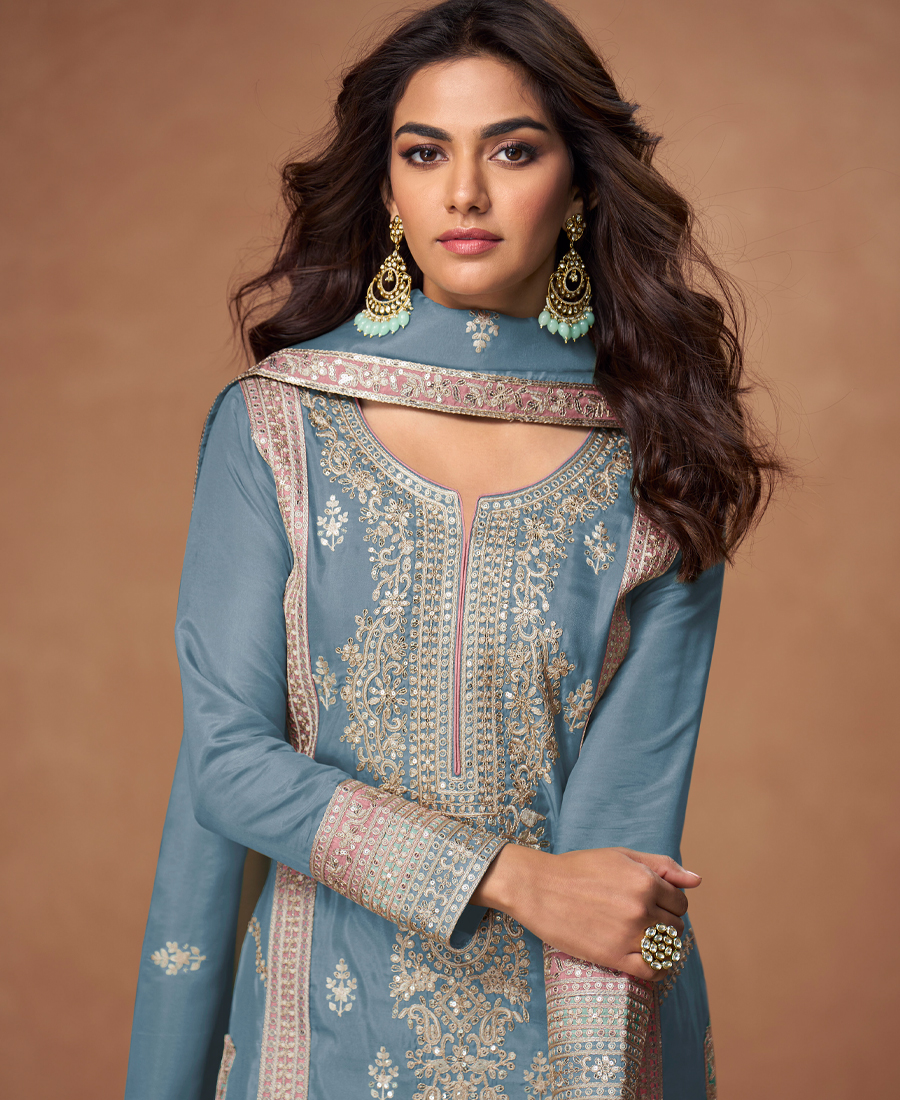 Heavy Embroidery Worked Sky Blue Long Salwar Suit Set For Women Wedding Wear