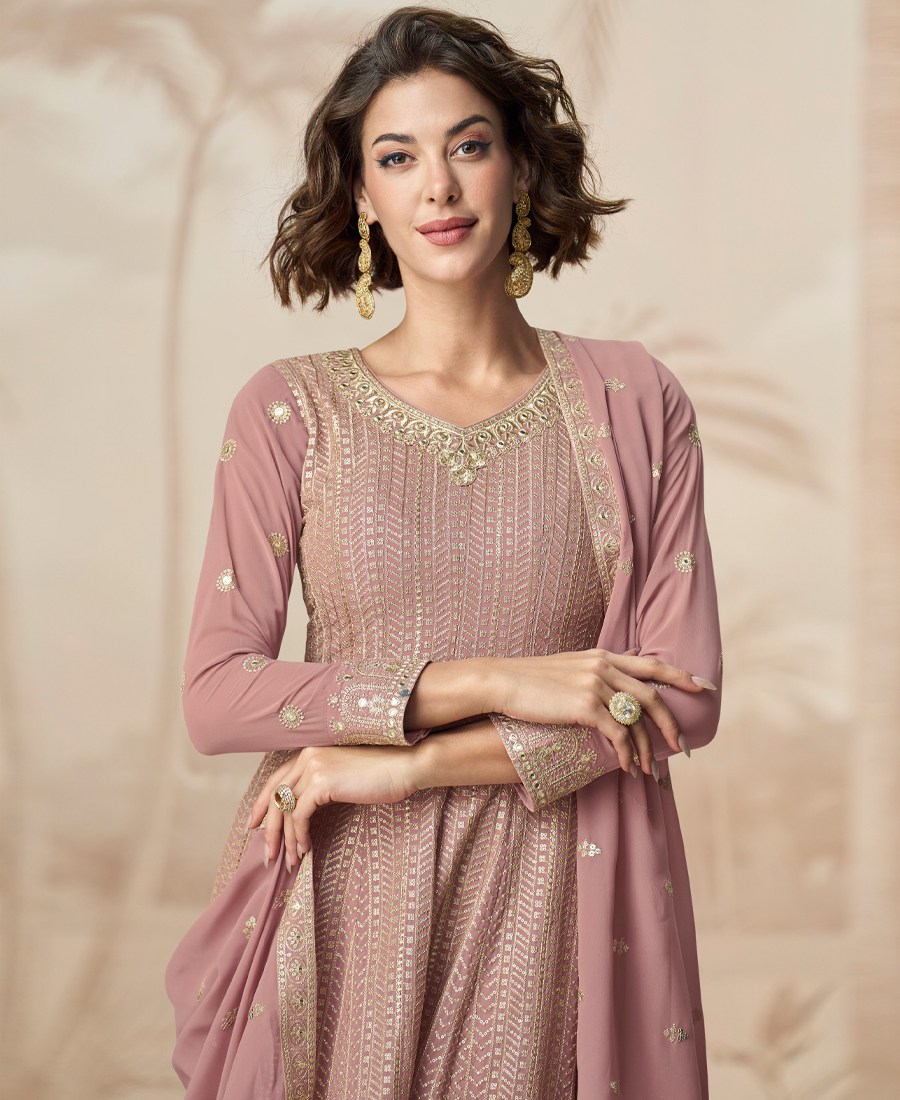 Traditional Peplum Style Pink Heavy Embroidered Salwar Kameez For Women