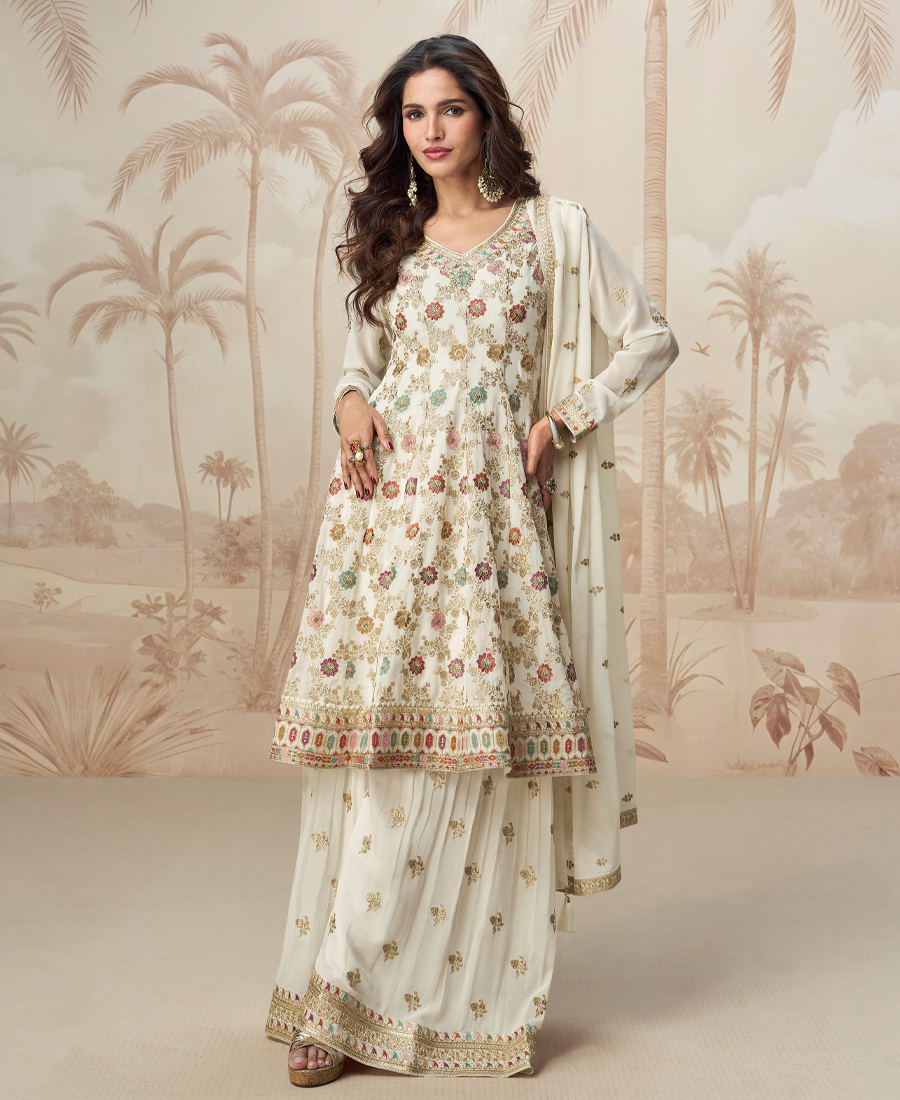 Traditional Peplum Style White Heavy Embroidered Salwar Kameez For Women - Image 2