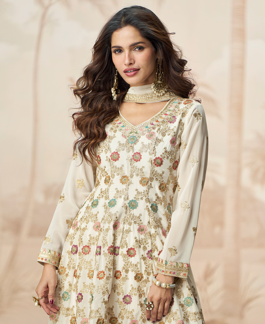 Traditional Peplum Style White Heavy Embroidered Salwar Kameez For Women - Image 3