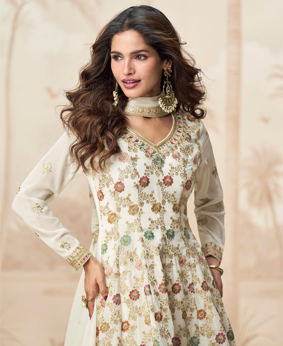 Traditional Peplum Style White Heavy Embroidered Salwar Kameez For Women