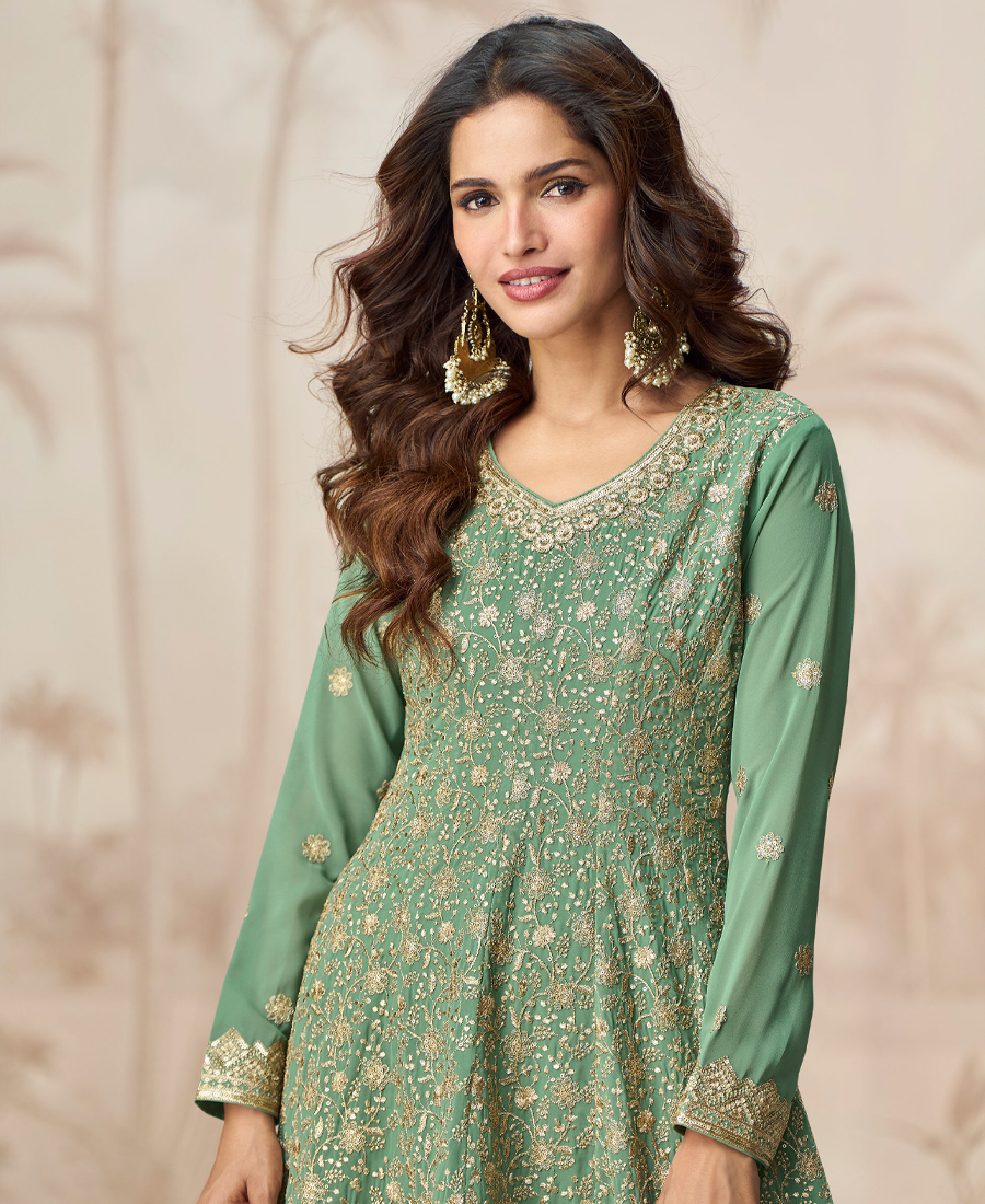 Traditional Peplum Style Pista Green Heavy Embroidered Salwar Kameez For Women - Image 3