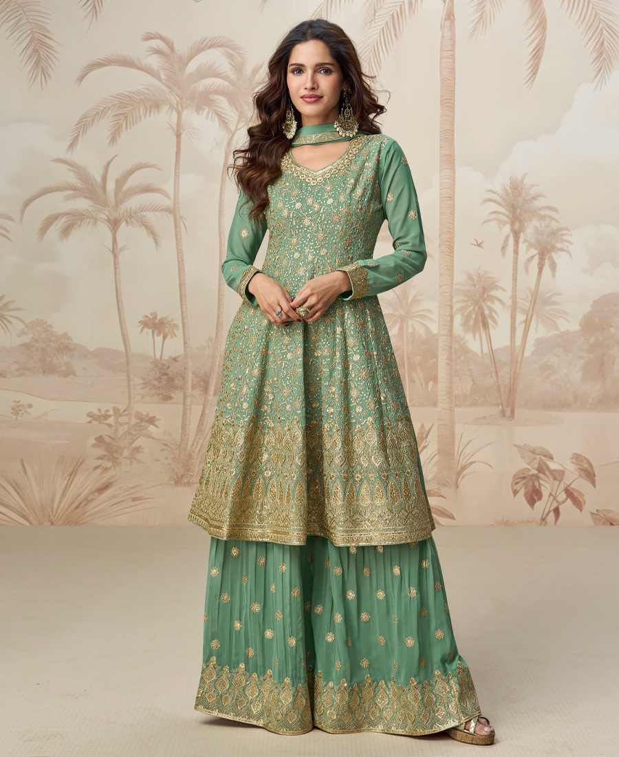 Traditional Peplum Style Pista Green Heavy Embroidered Salwar Kameez For Women - Image 2