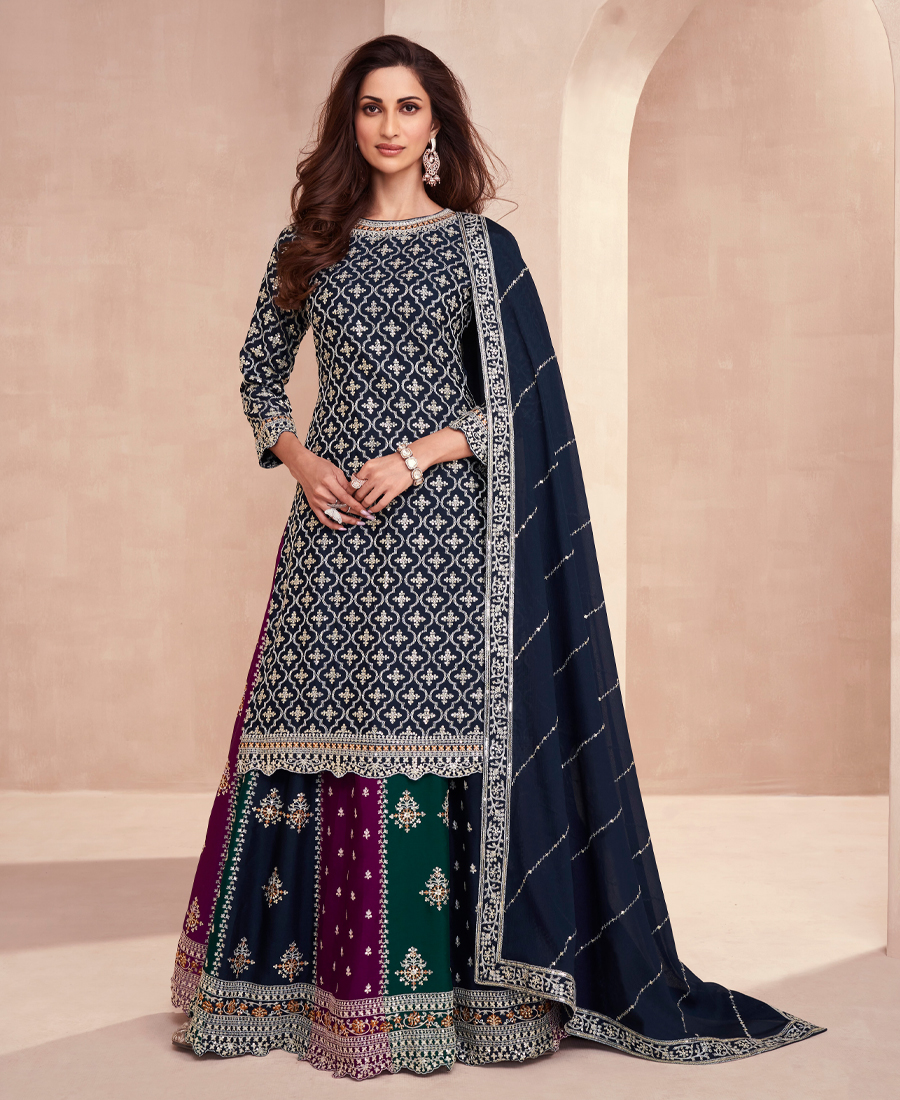 Designer Blooming Chinon Based Blue Gharara Suit For Women - Image 3