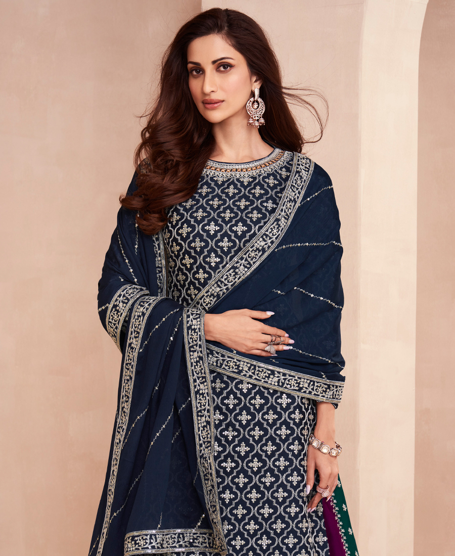 Designer Blooming Chinon Based Blue Gharara Suit For Women - Image 2