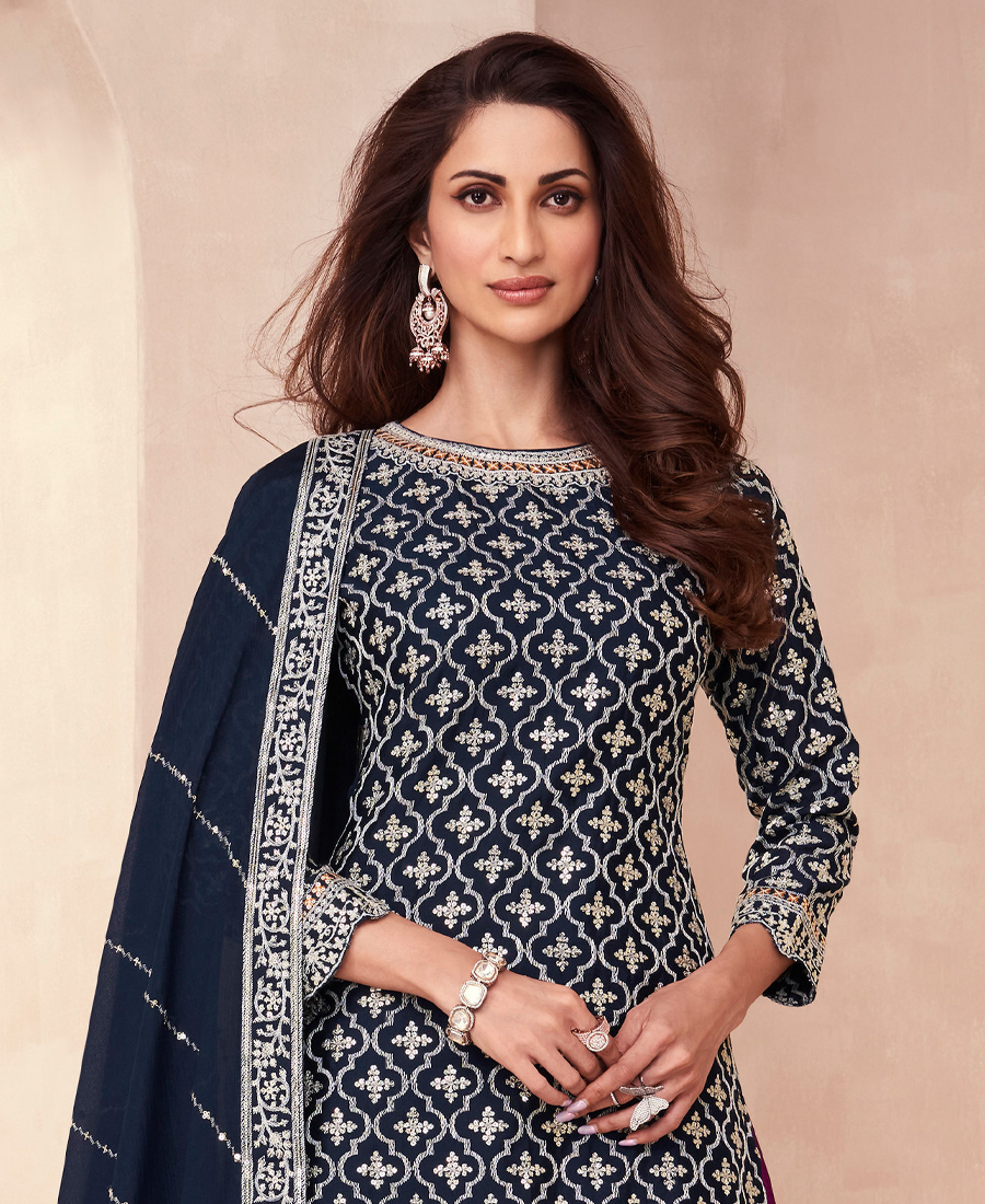 Designer Blooming Chinon Based Blue Gharara Suit For Women