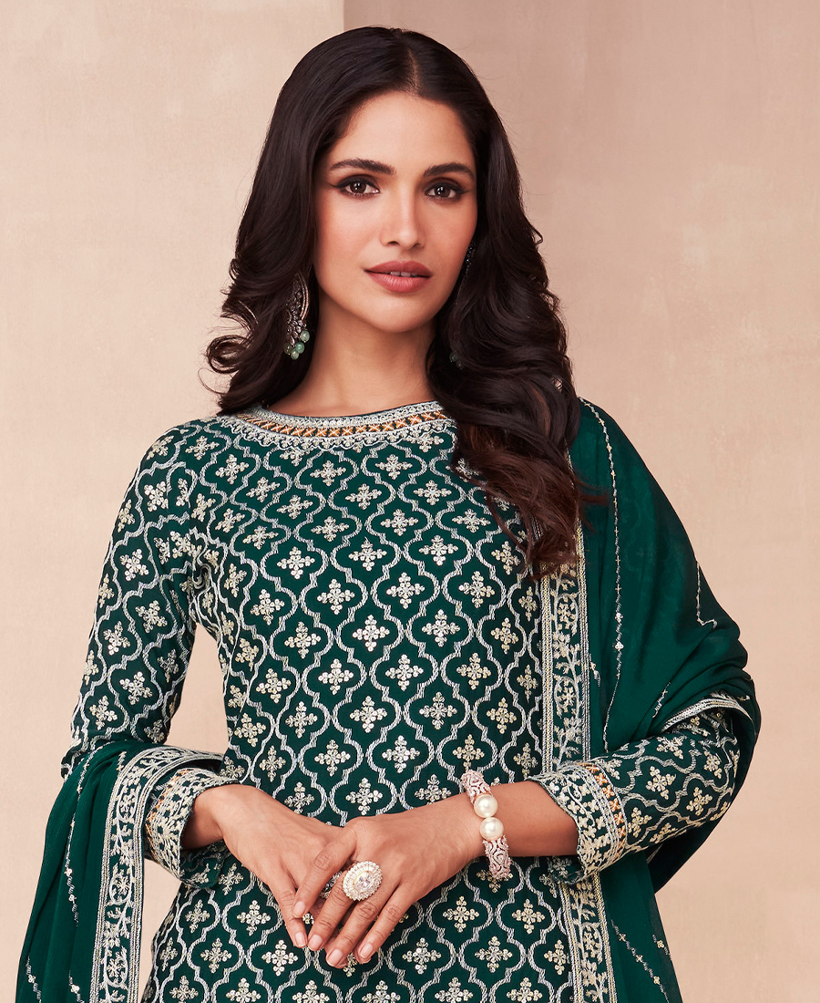 Designer Blooming Chinon Based Green Gharara Suit For Women - Image 3